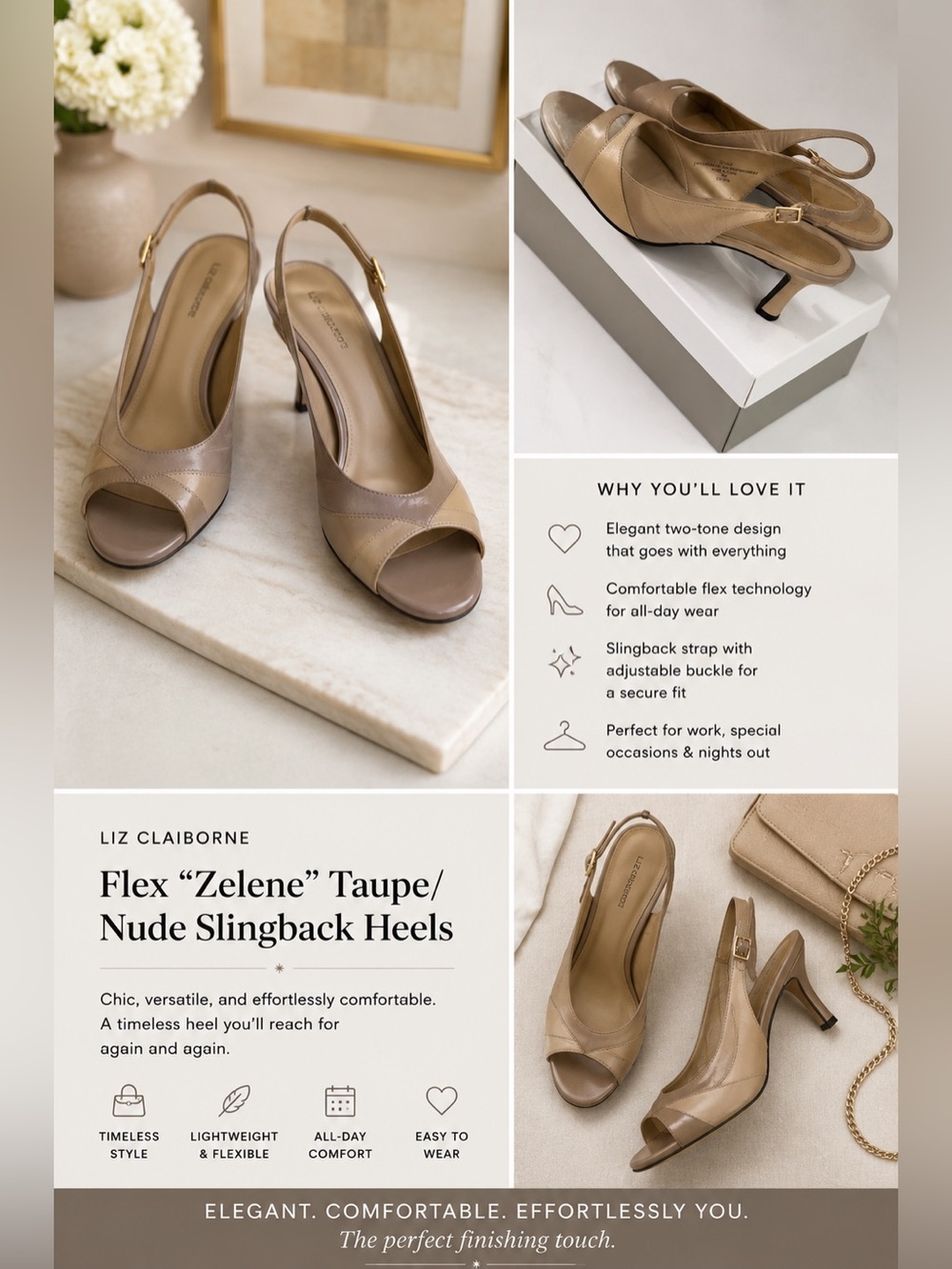 Liz Claiborne Flex “Zelene” Taupe/Nude Slingback Heels – Size 9M